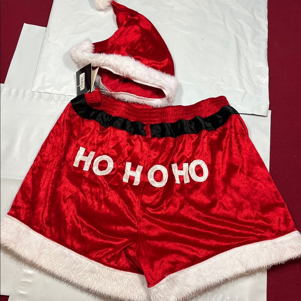 Santa Claus RED Velour RED VELVET SHORTS Boxers SANTA Hat NEW White trim Men’s M